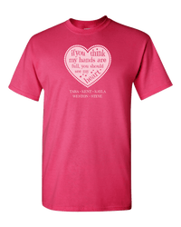 Load image into Gallery viewer, Designs by MyUtopia Shout Out:Hands are as Full as Mom&#39;s Heart Personalized with Kid&#39;s Names Unisex T-Shirt,Cyber Pink / S,Adult Unisex T-Shirt
