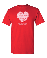 Load image into Gallery viewer, Designs by MyUtopia Shout Out:Hands are as Full as Mom&#39;s Heart Personalized with Kid&#39;s Names Unisex T-Shirt,True Red / S,Adult Unisex T-Shirt
