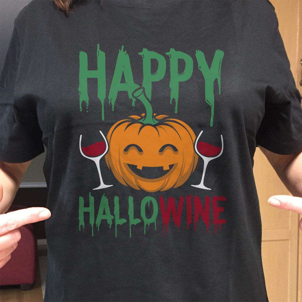 Designs by MyUtopia Shout Out:Happy HalloWine Adult Unisex Cotton Short Sleeve T-Shirt