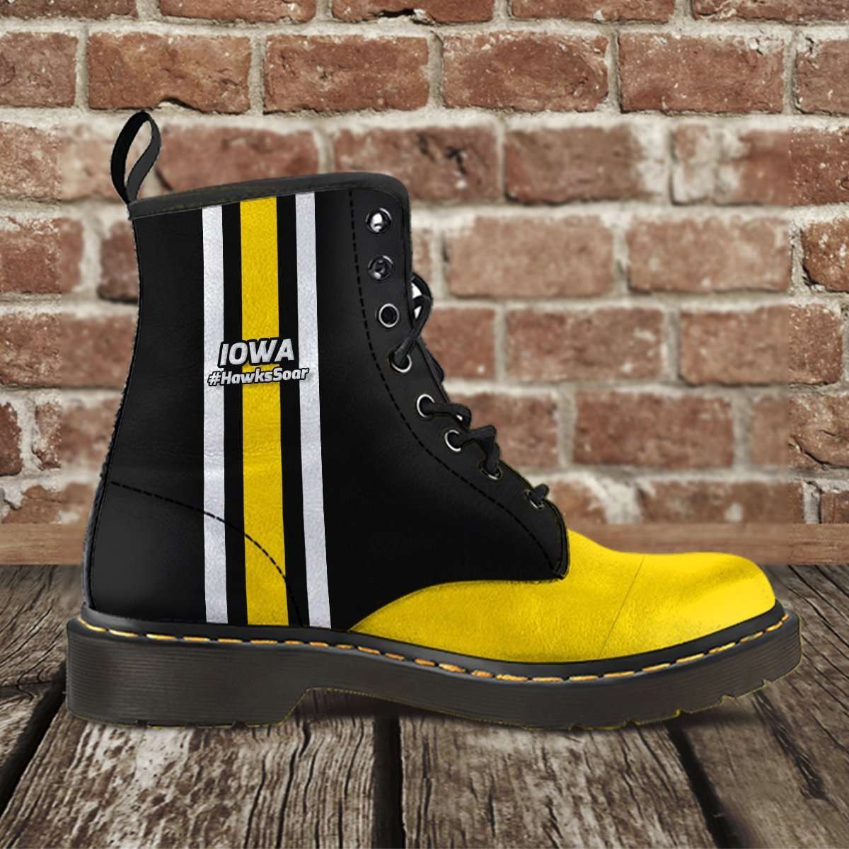 Designs by MyUtopia Shout Out:#HawksSoar Iowa Fan Faux Leather 7 Eye Lace-up Boots,Men's / Mens US5 (EU38) / Black/Yellow,Lace-up Boots