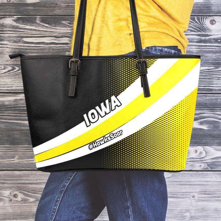 Designs by MyUtopia Shout Out:#HawksSoar Iowa Fan Faux Leather Totebag Purse,Medium (10 x 16 x 5) / Black/White/Yellow,tote bag purse