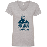 Load image into Gallery viewer, Designs by MyUtopia Shout Out:He Died That I May Live Ladies&#39; V-Neck T-Shirt,S / Heather Grey,Ladies T-Shirts
