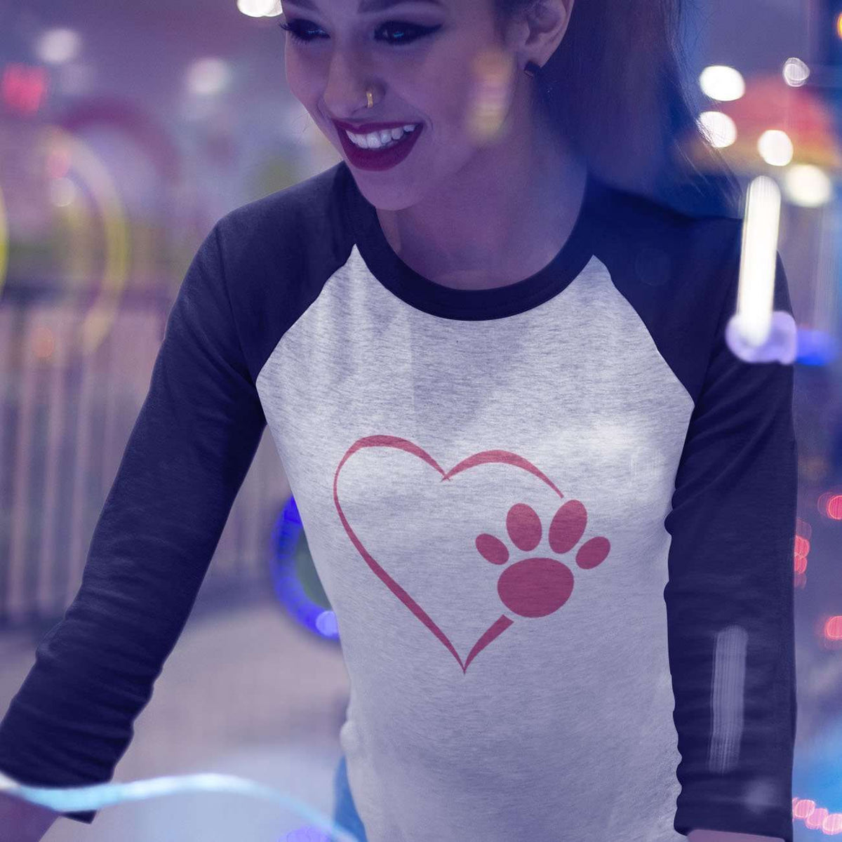 Designs by MyUtopia Shout Out:Heart Dog Paw Color-block Raglan Jersey T-Shirt
