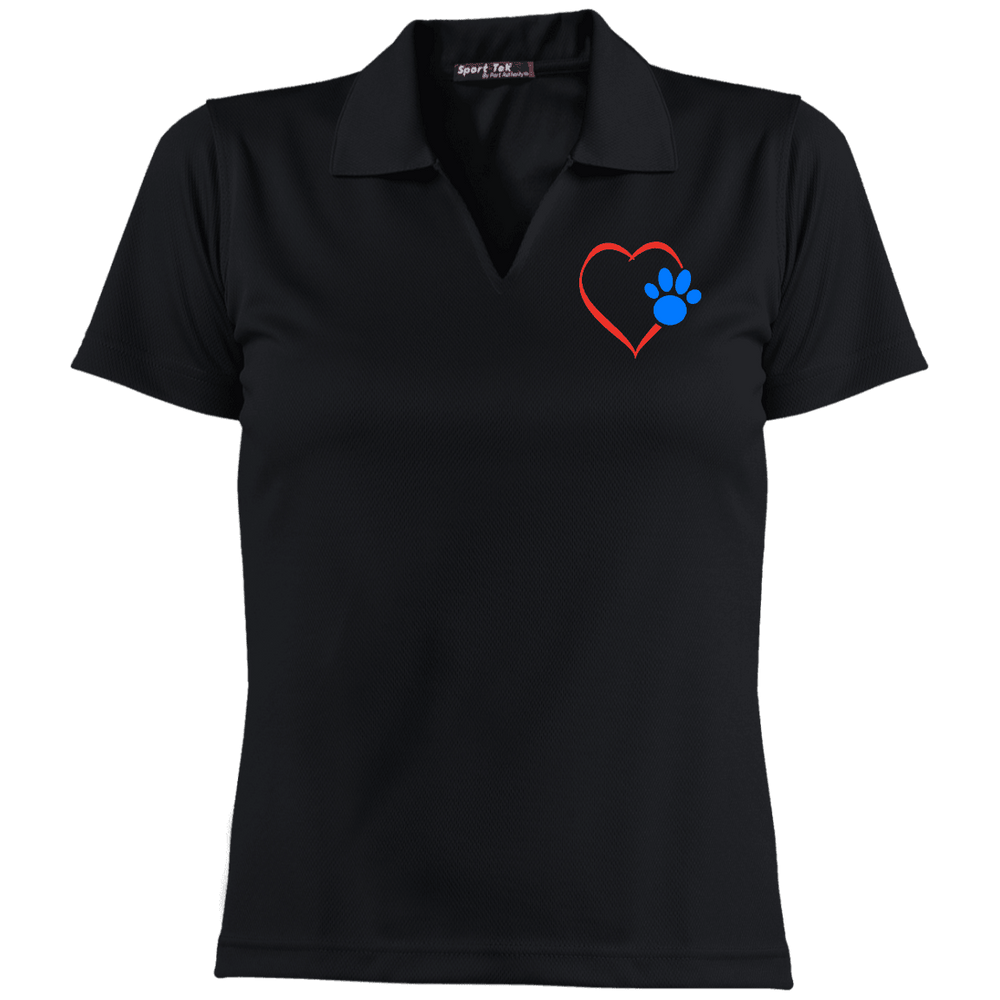 Designs by MyUtopia Shout Out:Heart w. Blue Dog Paw Embroidered Ladies' Dri-Mesh Short Sleeve Polo,Black / X-Small,Polo Shirts