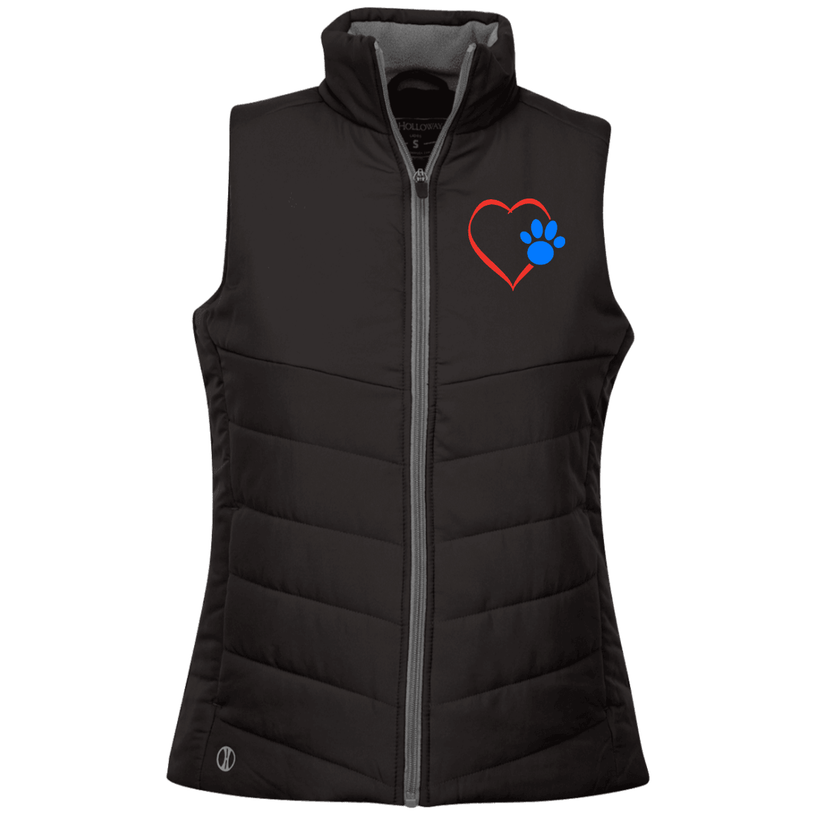 Designs by MyUtopia Shout Out:Heart w Blue Dog Paw Embroidered Ladies' Quilted Vest,Black / X-Small,Jackets