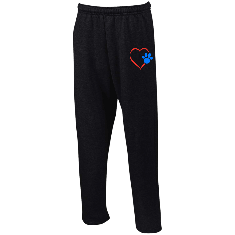 Designs by MyUtopia Shout Out:Heart w Blue Dog Paw Embroidered Open Bottom Sweatpants with Pockets,Black / S,Pants