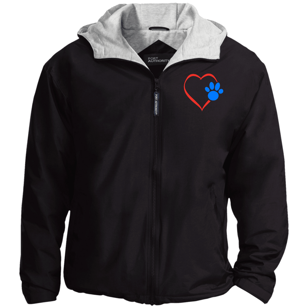 Designs by MyUtopia Shout Out:Heart w Blue Dog Paw Embroidered Team Jacket,Black/Light Oxford / X-Small,Jackets