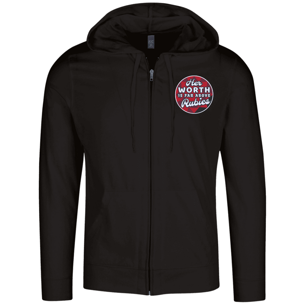 Designs by MyUtopia Shout Out:Her Worth Is Far Above Rubies Embroidered Lightweight Full Zip Hoodie,X-Small / Black,Sweatshirts