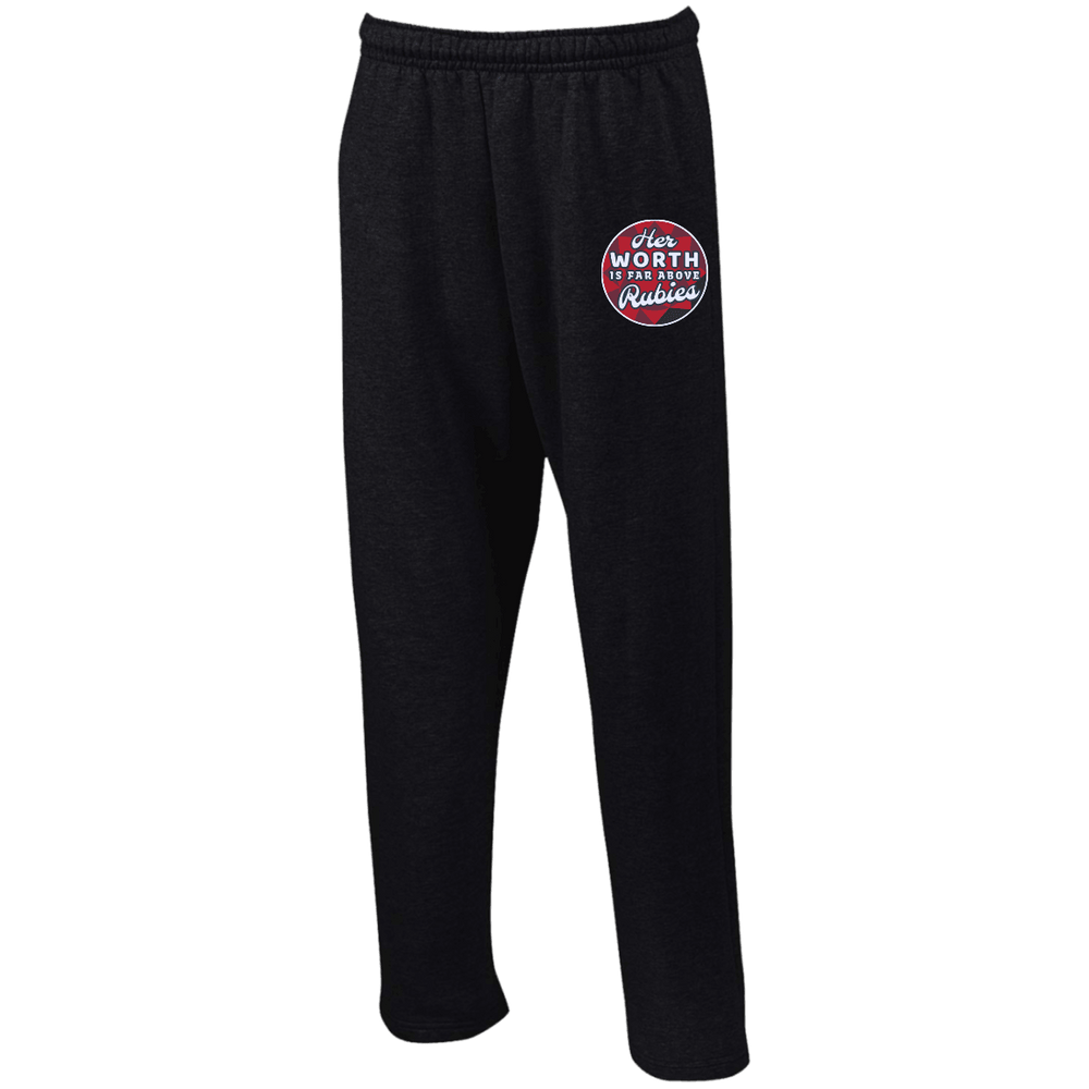 Designs by MyUtopia Shout Out:Her Worth Is Far Above Rubies Embroidered Open Bottom Sweatpants with Pockets,S / Black,Pants