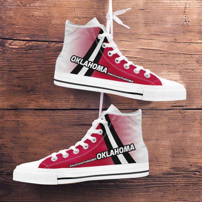 Designs by MyUtopia Shout Out:#HereComesTheBoomer Oklahoma Canvas High Top Shoes,Men's / Mens US 5 (EU38) / Red/White/Black,High Top Sneakers