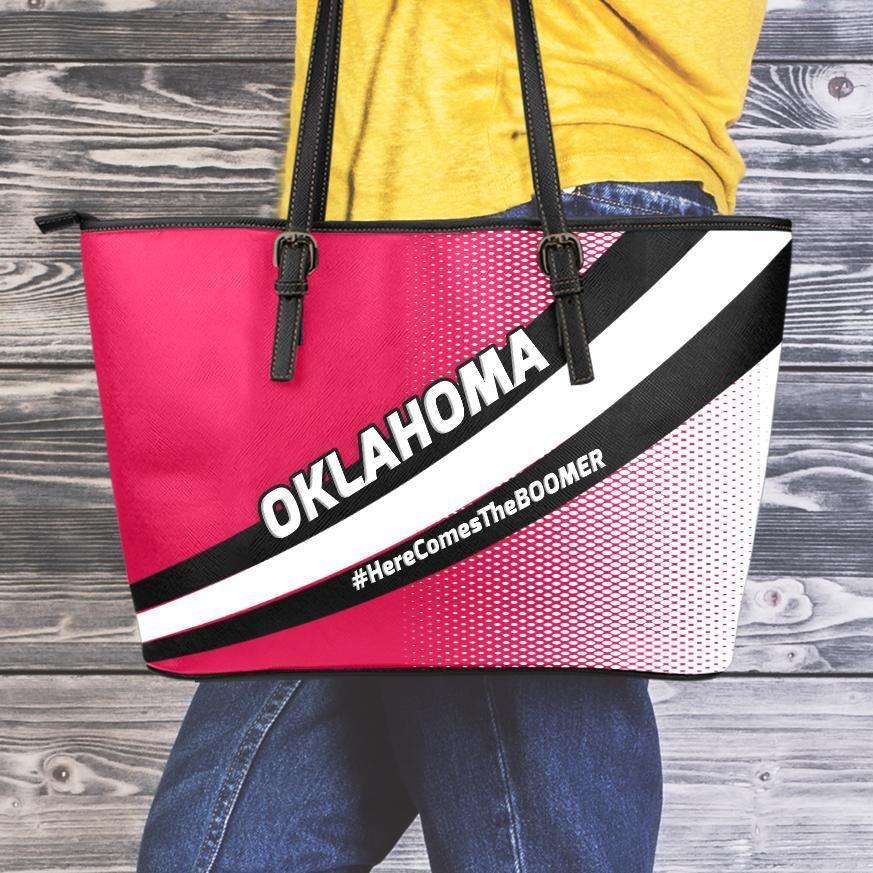 Designs by MyUtopia Shout Out:#HereComesTheBoomer Oklahoma Fan Faux Leather Totebag Purse,Medium (10 x 16 x 5) / Crimson/White/Black,tote bag purse