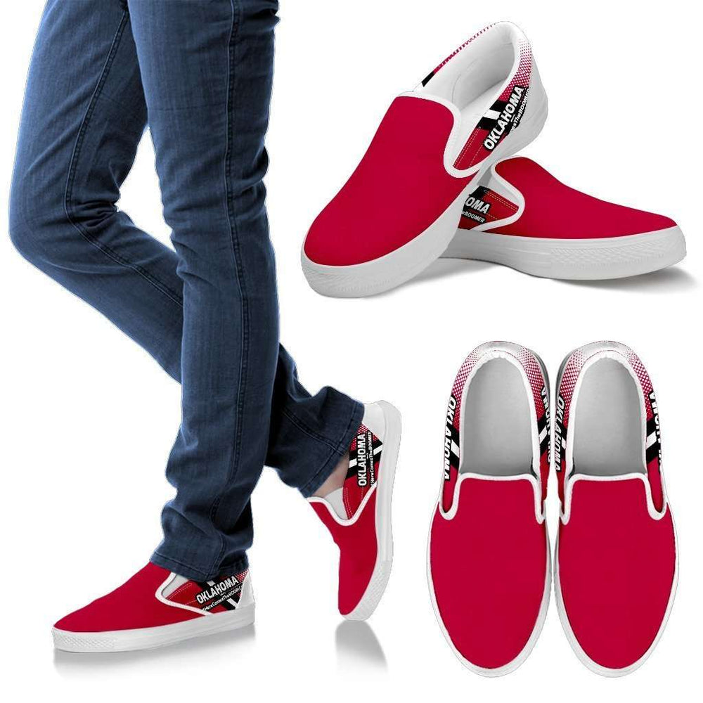 Designs by MyUtopia Shout Out:#HereComesTheBoomer Oklahoma Slip-on Shoes,Men's / Mens US8 (EU40) / Red,Slip on sneakers