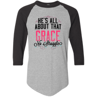 Load image into Gallery viewer, Designs by MyUtopia Shout Out:He&#39;s All About That Grace 3/4 Length Sleeve Color block Raglan Jersey T-Shirt,Athletic Heather/Black / S,Long Sleeve T-Shirts
