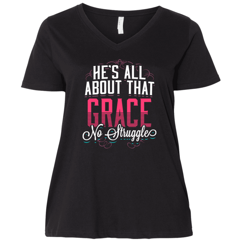 Designs by MyUtopia Shout Out:He's All About That Grace Long Sleeve Ladies' Curvy V-Neck T-Shirt,Plus 1X / Black,Ladies T-Shirts