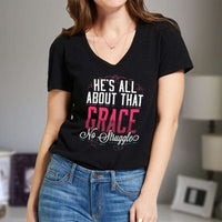 Load image into Gallery viewer, Designs by MyUtopia Shout Out:He&#39;s All About That Grace No Struggle Ladies&#39; V-Neck T-Shirt
