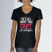Load image into Gallery viewer, Designs by MyUtopia Shout Out:He&#39;s All About That Grace No Struggle Ladies&#39; V-Neck T-Shirt
