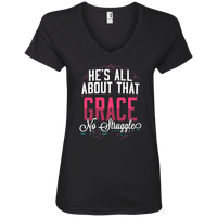 Load image into Gallery viewer, Designs by MyUtopia Shout Out:He&#39;s All About That Grace No Struggle Ladies&#39; V-Neck T-Shirt,S / Black,Ladies T-Shirts
