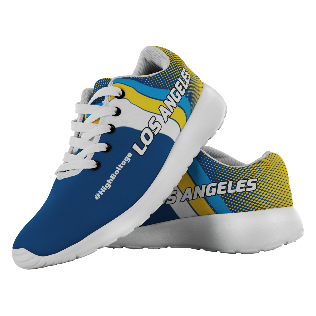 Designs by MyUtopia Shout Out:#HighBoltage Los Angeles Fan Inspired Running Shoes,Mens US 5 / Blue/Gold,Running Shoes