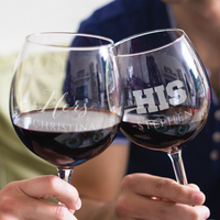 Load image into Gallery viewer, Designs by MyUtopia Shout Out:His &amp; Hers Wine Glass set (Pair) Personalized Engraved
