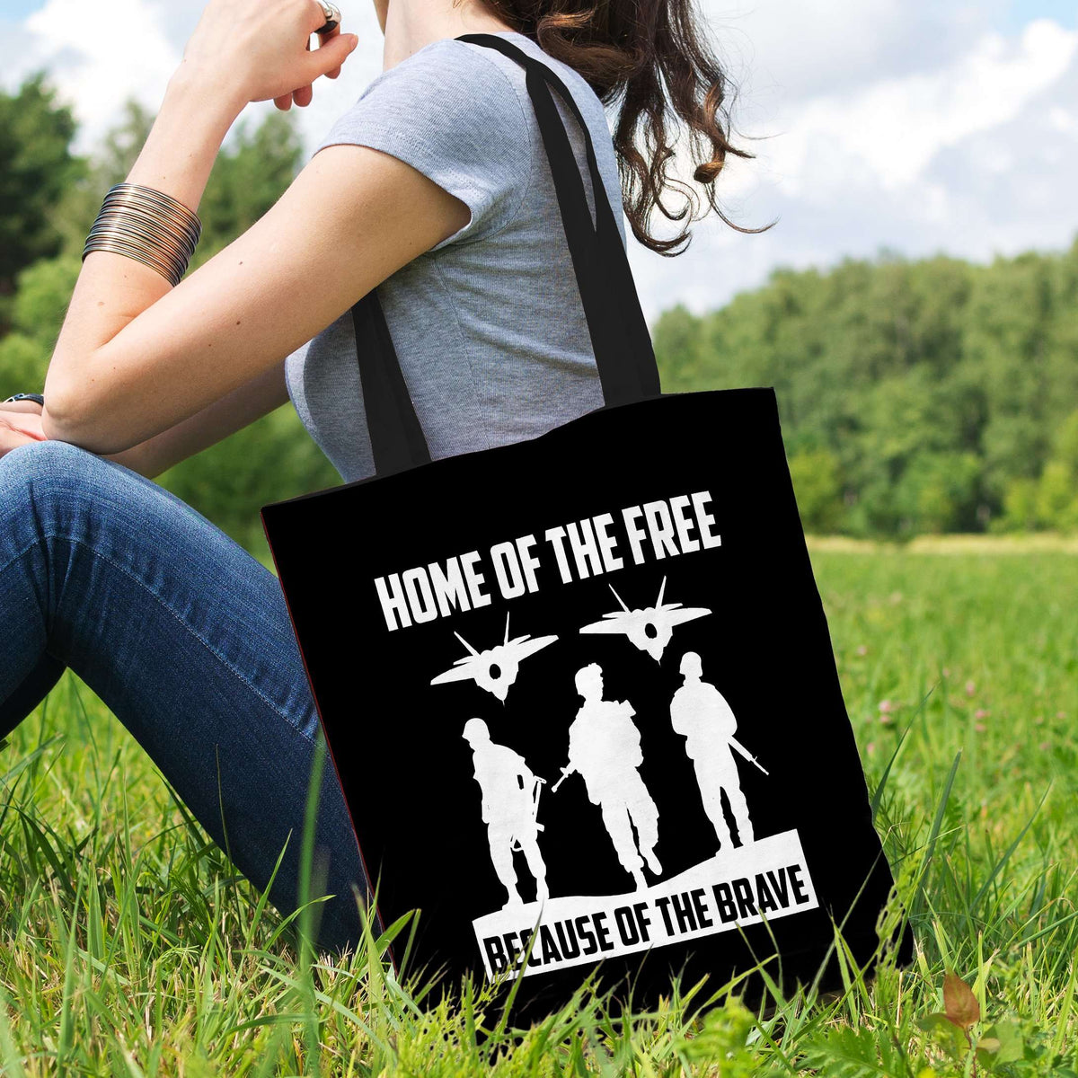 Designs by MyUtopia Shout Out:Home of the Free Because of the Brave Fabric Totebag Reusable Shopping Tote