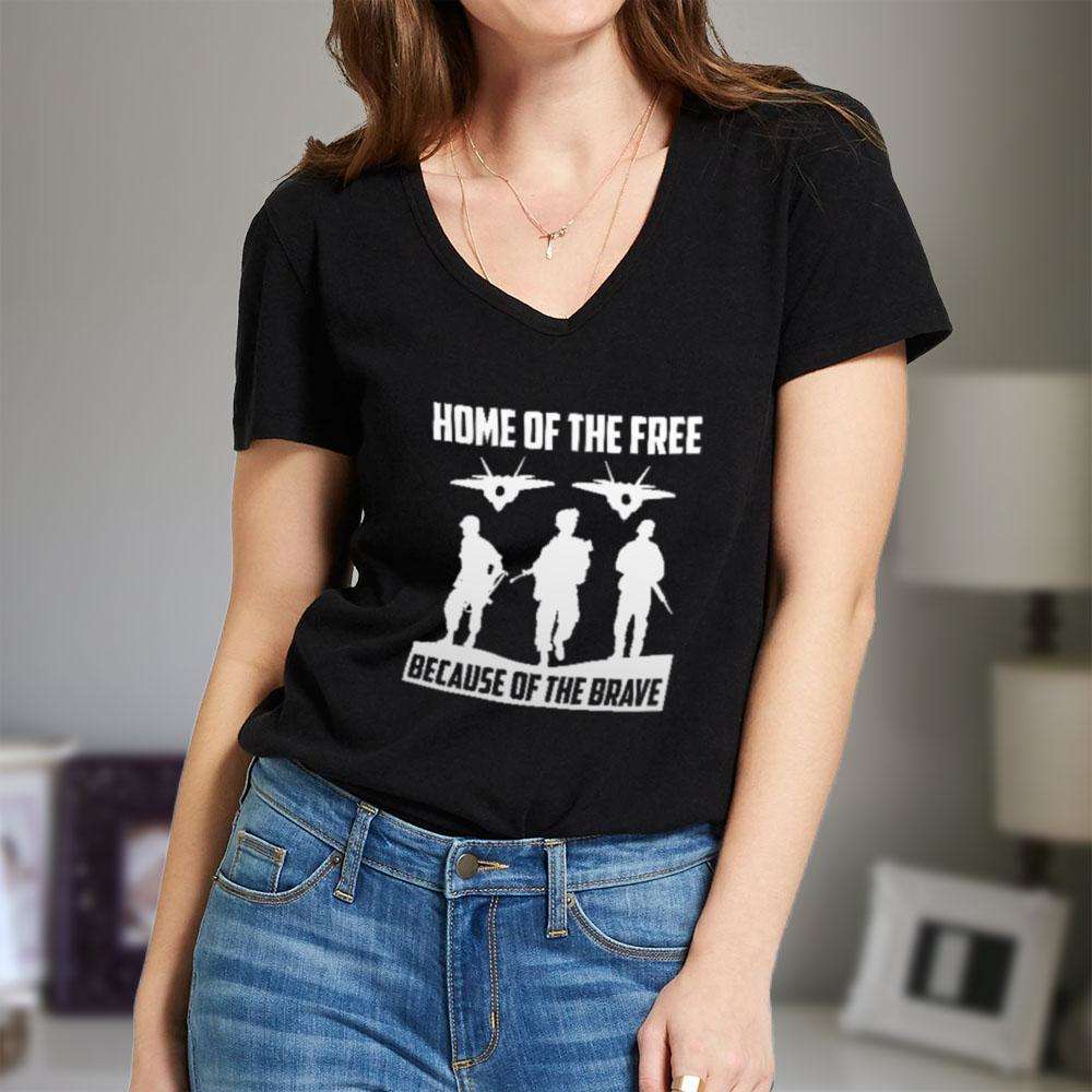 Designs by MyUtopia Shout Out:Home of the Free Because of the Brave Ladies' V-Neck T-Shirt