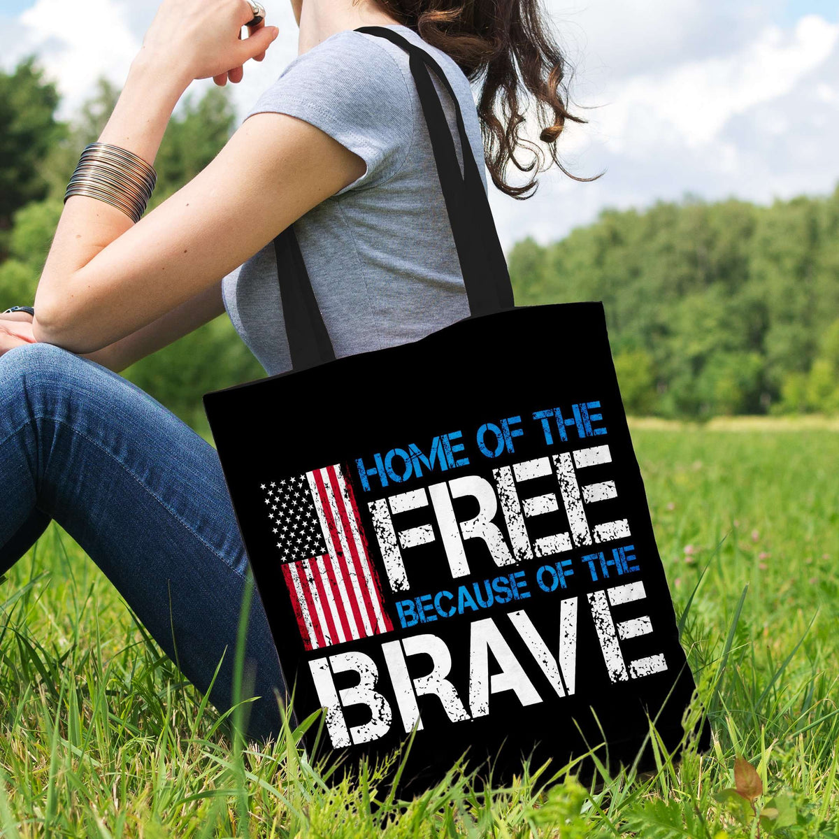 Designs by MyUtopia Shout Out:Home of the Free Because of the Brave US Flag Fabric Totebag Reusable Shopping Tote
