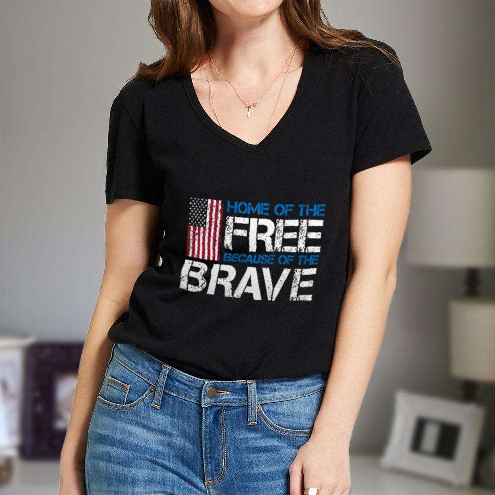 Designs by MyUtopia Shout Out:Home of the Free Because of the Brave US Flag Ladies' V-Neck T-Shirt