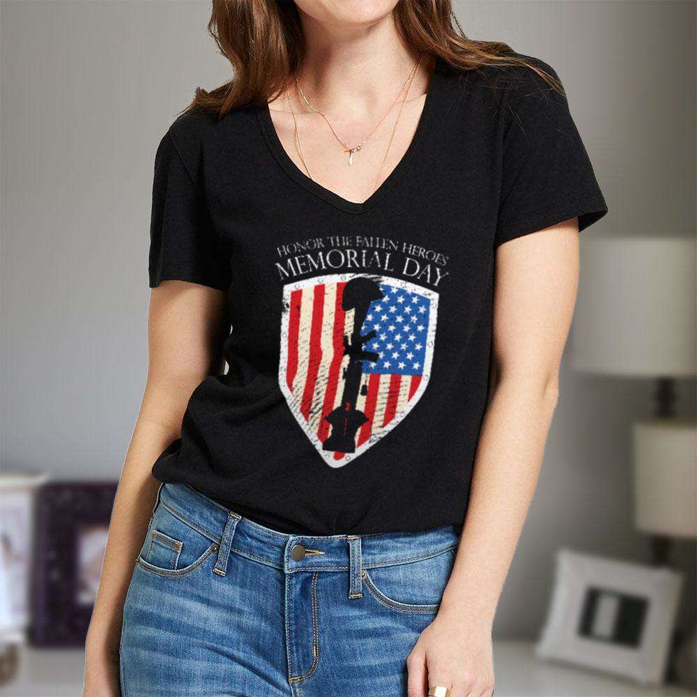 Designs by MyUtopia Shout Out:Honor The Fallen Heroes Ladies' V-Neck T-Shirt