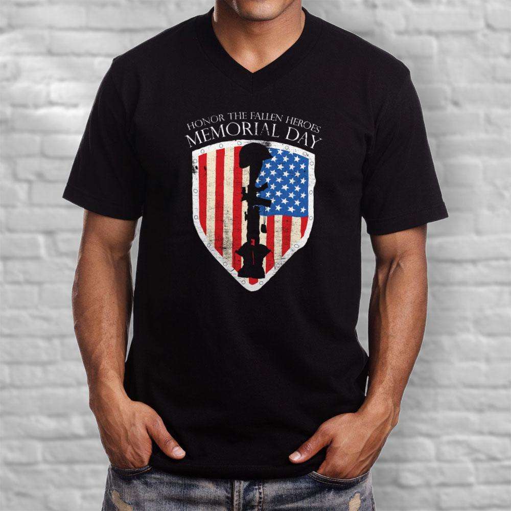 Designs by MyUtopia Shout Out:Honor The Fallen Heroes Men's Printed V-Neck T-Shirt