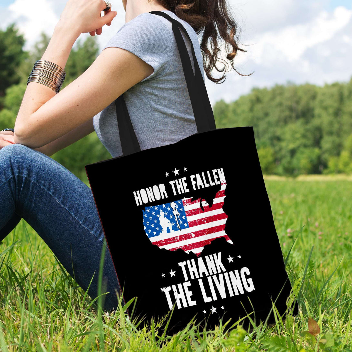 Designs by MyUtopia Shout Out:Honor The Fallen Thank The Living Memorial Day Fabric Totebag Reusable Shopping Tote