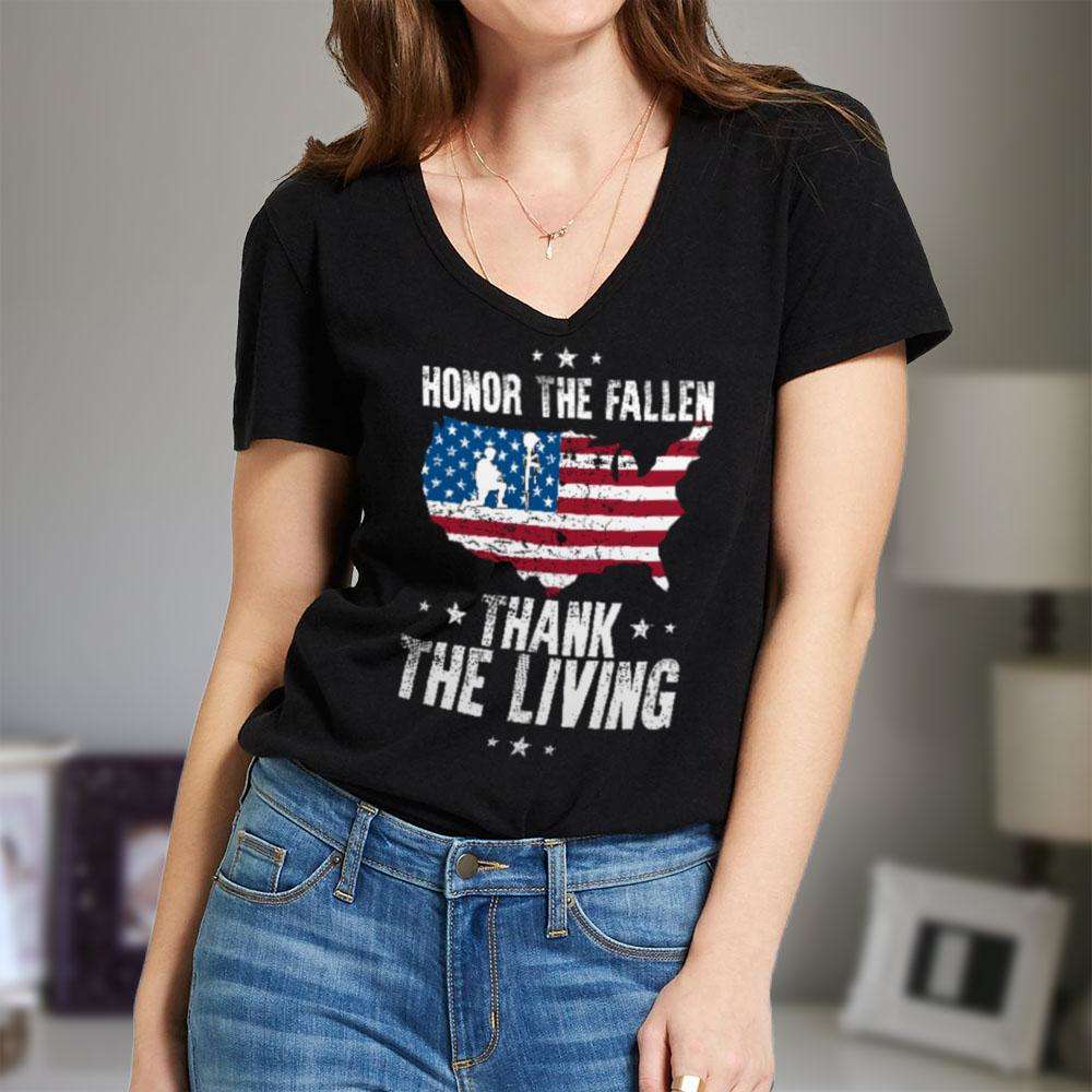 Designs by MyUtopia Shout Out:Honor The Fallen Thank The Living Memorial Day Ladies' V-Neck T-Shirt