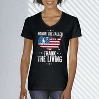 Load image into Gallery viewer, Designs by MyUtopia Shout Out:Honor The Fallen Thank The Living Memorial Day Ladies&#39; V-Neck T-Shirt
