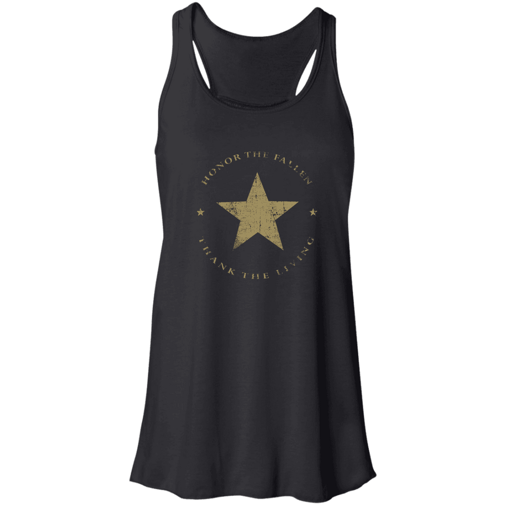 Designs by MyUtopia Shout Out:Honor The Fallen Thank The Living Star Ladies Flowy Racerback Tank,X-Small / Black,Tank Tops