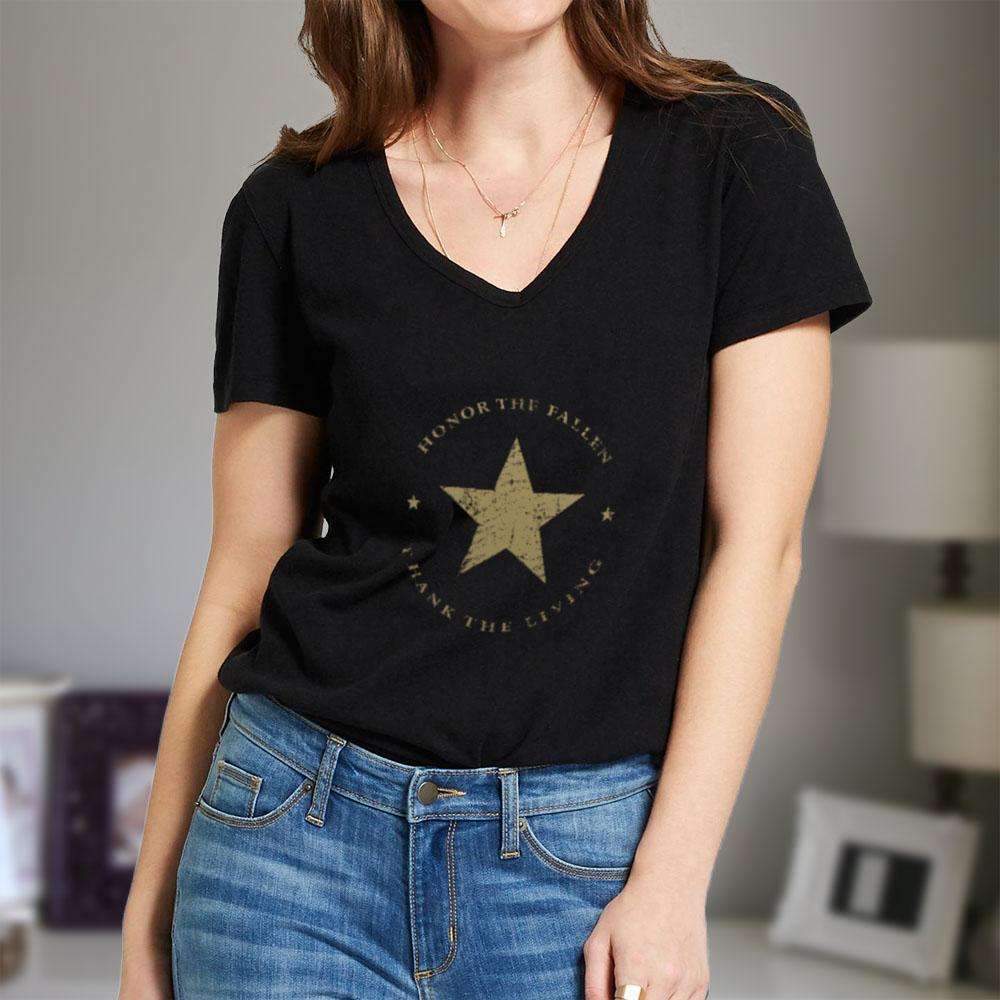 Designs by MyUtopia Shout Out:Honor The Fallen Thank The Living Star Ladies' V-Neck T-Shirt