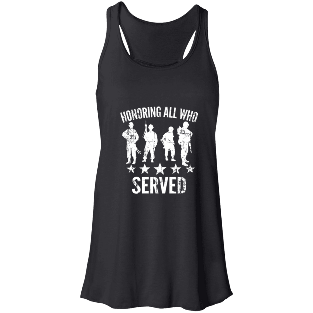 Designs by MyUtopia Shout Out:Honoring All Who Served Ladies Flowy Racerback Tank,X-Small / Black,Tank Tops