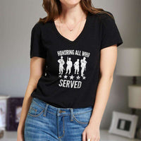 Load image into Gallery viewer, Designs by MyUtopia Shout Out:Honoring All Who Served Ladies&#39; V-Neck T-Shirt
