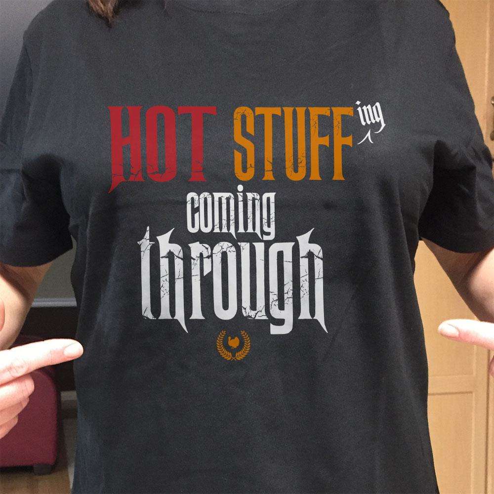 Designs by MyUtopia Shout Out:Hot Stuffing Coming Through Adult Unisex Cotton Short Sleeve T-Shirt
