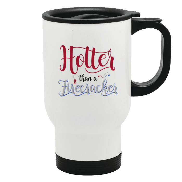 Designs by MyUtopia Shout Out:Hotter Than A Firecracker 14 oz Stainless Steel Travel Coffee Mug w. Twist Close Lid,White / 14 oz,Travel Mug