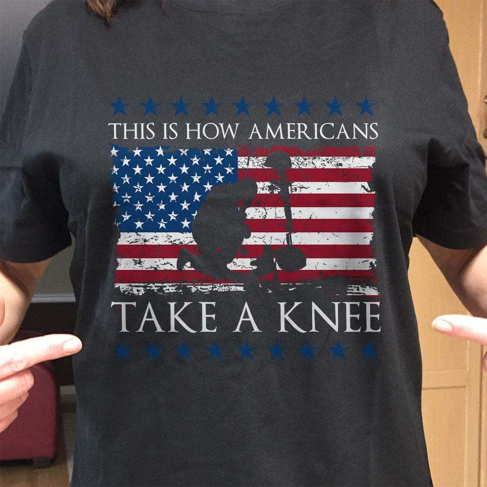 Designs by MyUtopia Shout Out:How Americans Take A Knee Adult Unisex Cotton Short Sleeve T-Shirt