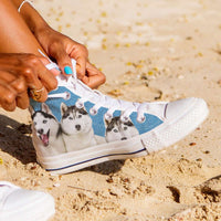 Load image into Gallery viewer, Designs by MyUtopia Shout Out:Huskies Canvas High Top Shoes,Women&#39;s / Ladies 6 (EU36) / Light Blue/White,High Top Sneakers

