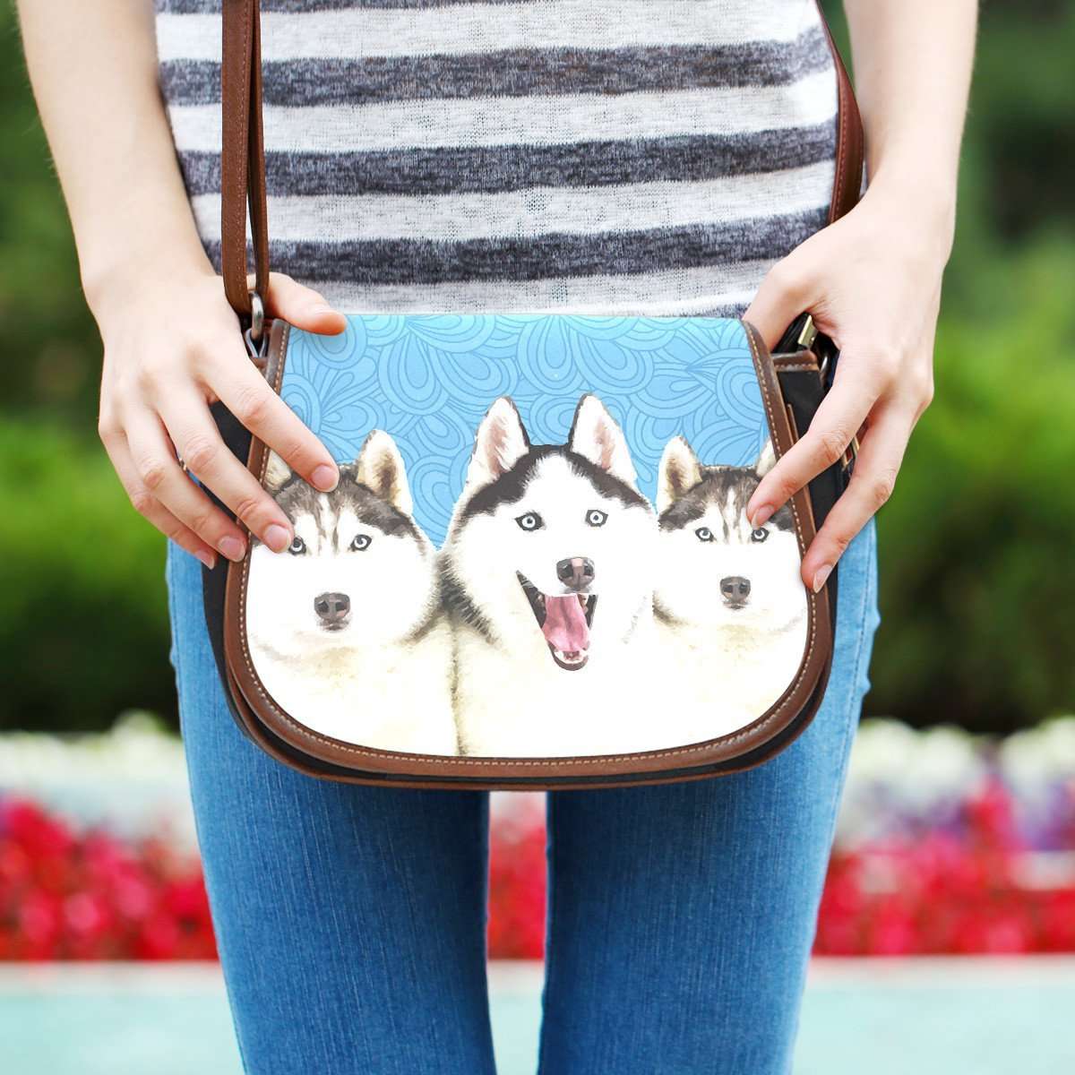 Designs by MyUtopia Shout Out:Husky Puppies Canvas Saddlebag Style Crossbody Purse