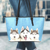 Load image into Gallery viewer, Designs by MyUtopia Shout Out:Husky Puppies Faux Leather Totebag Purse,Large (11 x 17 x 6) / Light Blue,tote bag purse
