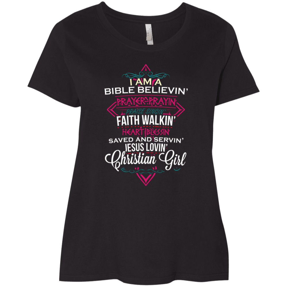 Designs by MyUtopia Shout Out:I Am A Christian Girl Ladies' Curvy Crew Neck T-Shirt,Plus 1X / Black,Ladies T-Shirts