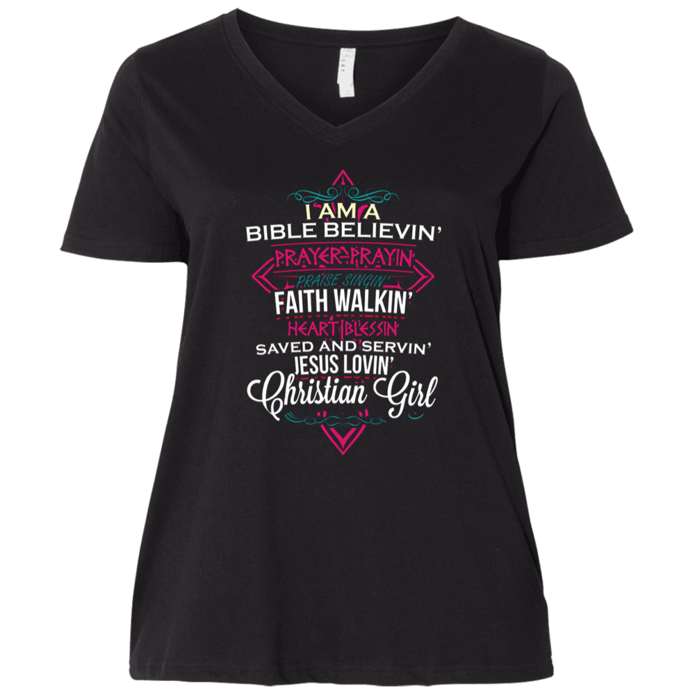 Designs by MyUtopia Shout Out:I Am A Christian Girl Ladies' Curvy V-Neck T-Shirt,Plus 1X / Black,Ladies T-Shirts