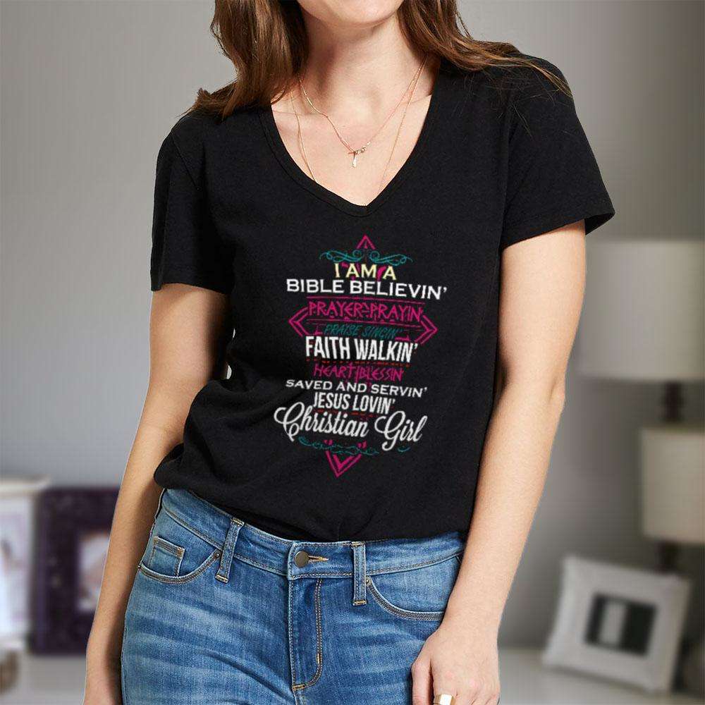 Designs by MyUtopia Shout Out:I Am A Christian Girl Ladies' V-Neck T-Shirt
