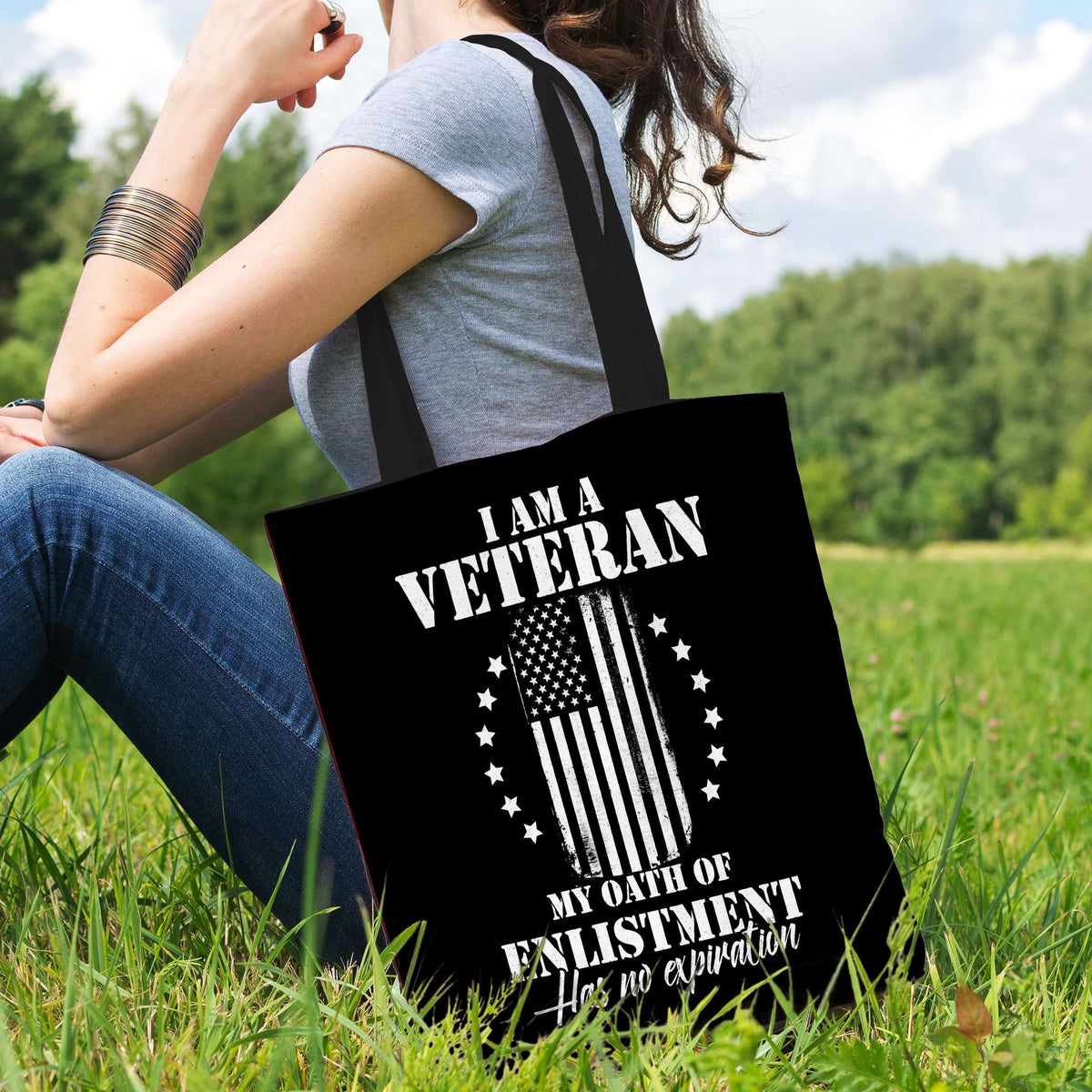 Designs by MyUtopia Shout Out:I Am A Veteran My Oath of Enlistment does not Expire Fabric Totebag Reusable Shopping Tote