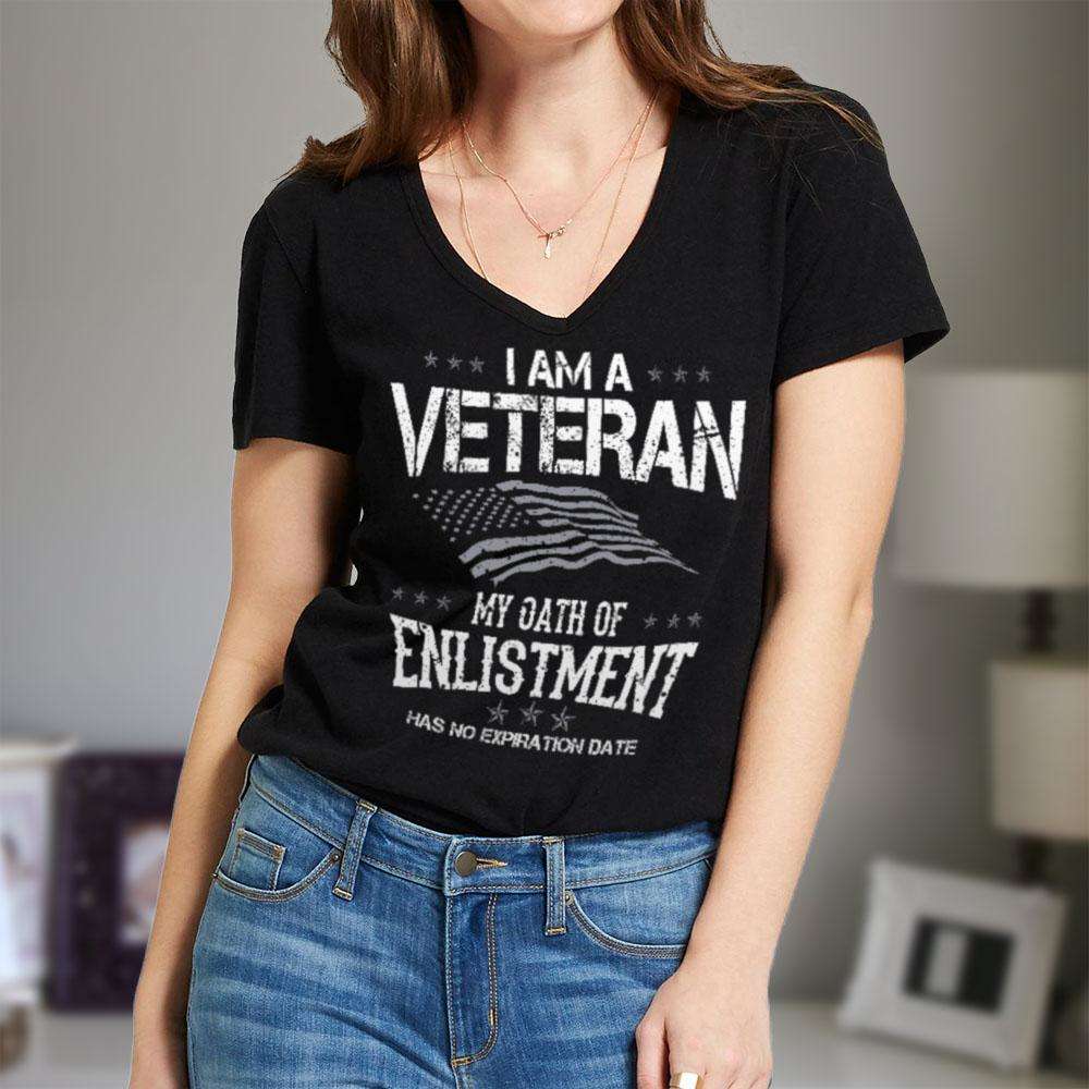 Designs by MyUtopia Shout Out:I Am A Veteran My Oath of Enlistment Has No Expiration Ladies' V-Neck T-Shirt