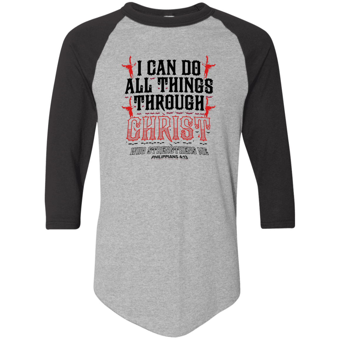 Designs by MyUtopia Shout Out:I Can Do All Things Through Christ 3/4 Length Sleeve Color block Raglan Jersey T-Shirt,Athletic Heather/Black / S,Long Sleeve T-Shirts