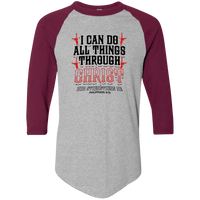 Load image into Gallery viewer, Designs by MyUtopia Shout Out:I Can Do All Things Through Christ 3/4 Length Sleeve Color block Raglan Jersey T-Shirt,Athletic Heather/Maroon / S,Long Sleeve T-Shirts
