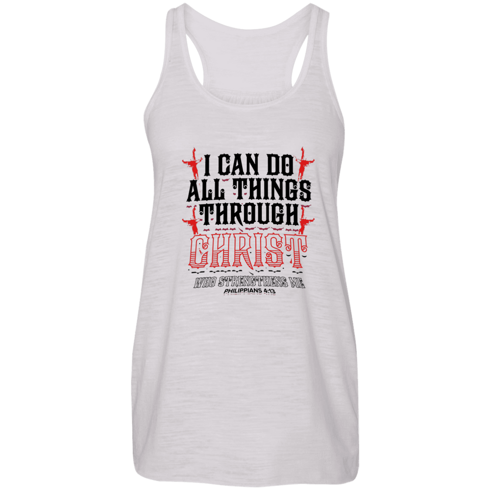 Designs by MyUtopia Shout Out:I Can Do All Things Through Christ Ladies Flowy Racer-back Tank Top,Vintage White / X-Small,Tank Tops